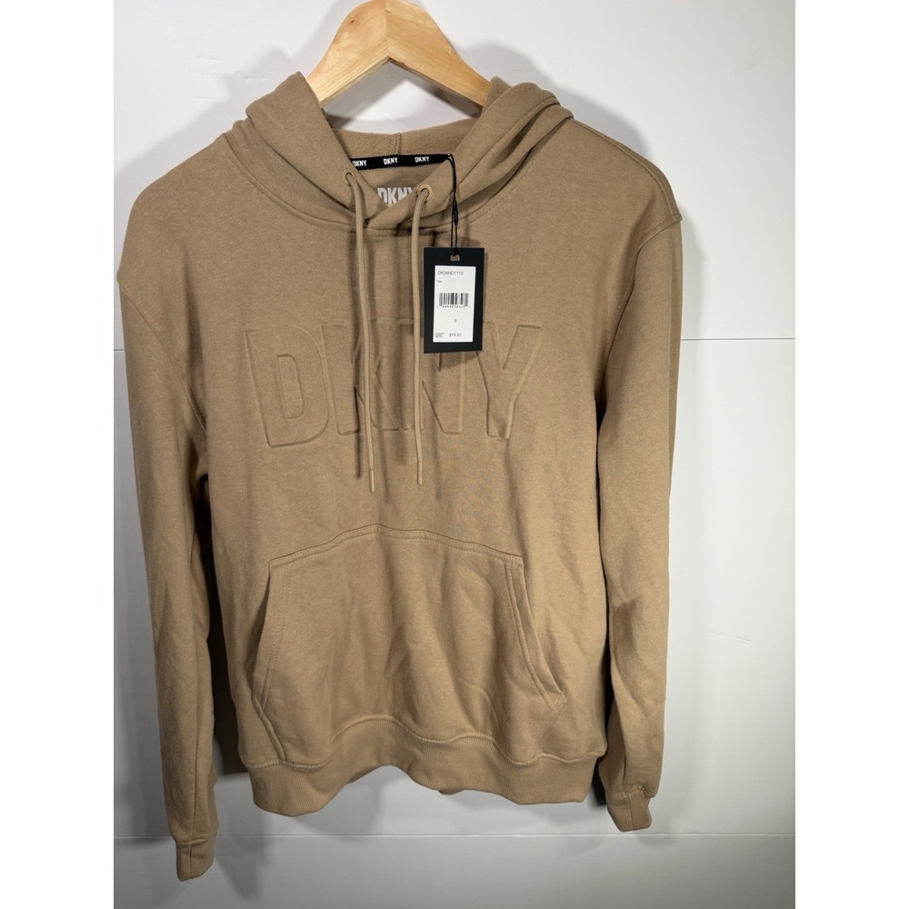 DKNY Womens Tan Embossed Logo Hoodie Pullover Sweatshirt Size Small‎ NWT $79.50